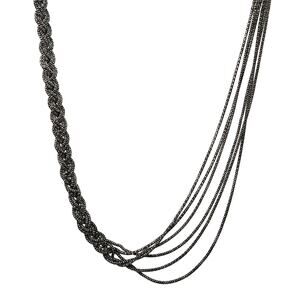 Multi Layered Half Braid Necklace Gunmetal Silver Chain Long Asymmetric Style